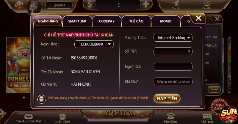Hướng dẫn cách nạp tiền sunnet win siêu đơn giản